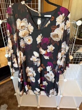 Calvin Klein Black Floral V-Neck Mini Dress with Cream & Magenta Blooms